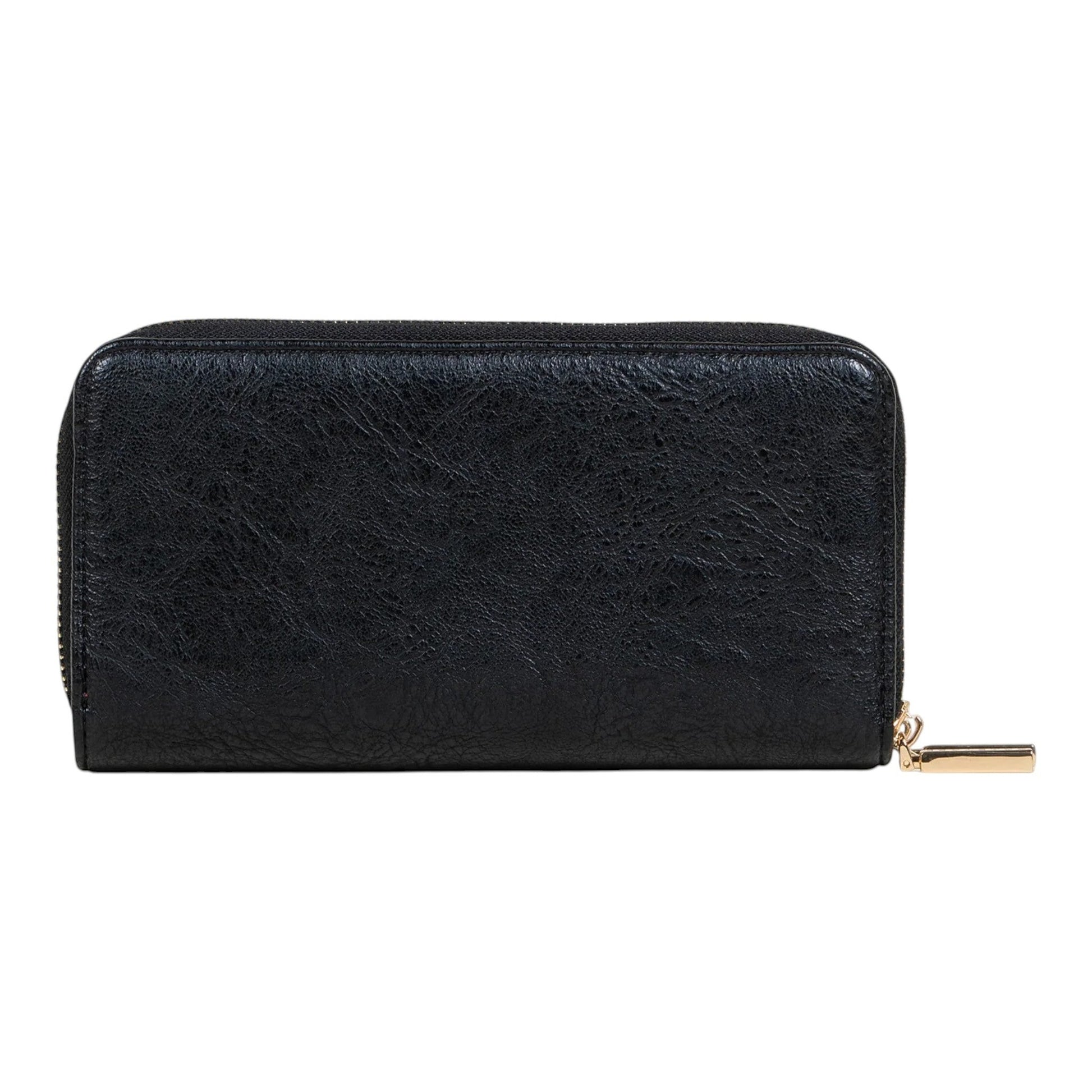 Regalos Ejecutivos Ortiz black faux leather wallet with double zipper and gold hardware.