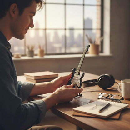 Regalos Ejecutivos Ortiz black electric guitar replica on stand, 14cm, decorative collectible.