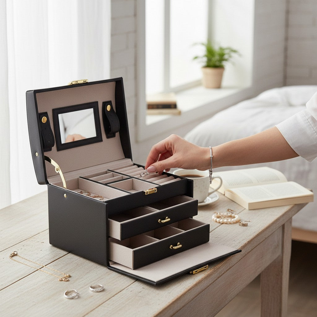 Regalos Ejecutivos Ortiz black rectangular jewelry box with mirror, ring slots, necklace hooks, and drawers.