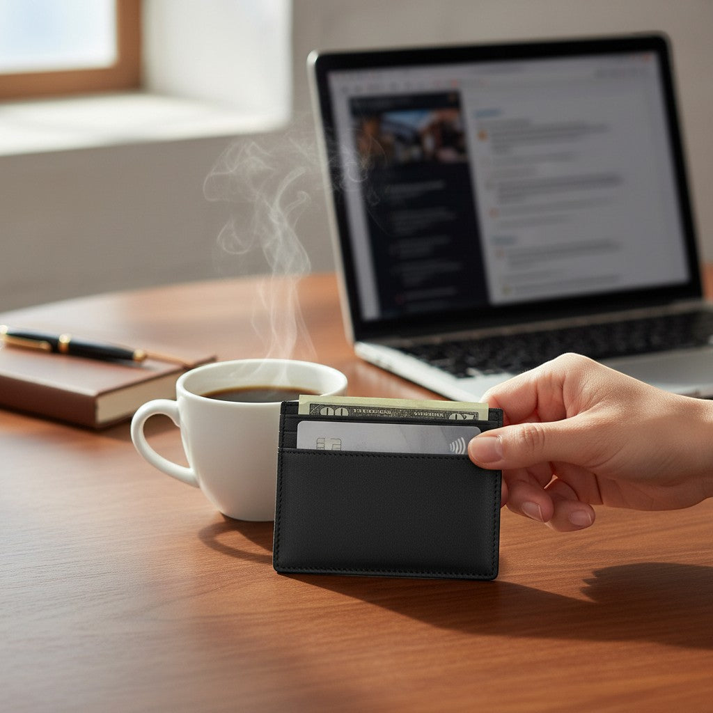 Regalos Ejecutivos Ortiz black slim 100% cowhide leather card holder with multiple slots.
