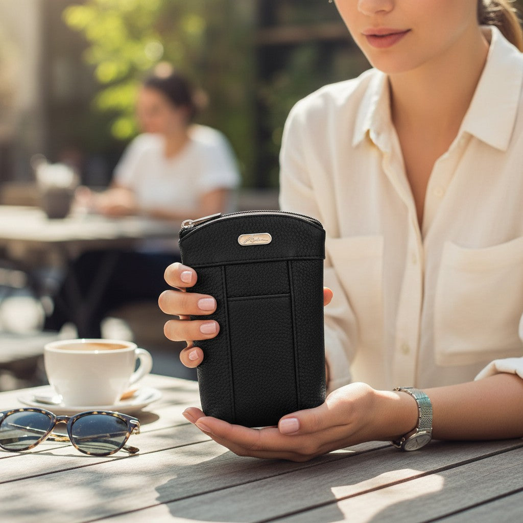 Regalos Ejecutivos Ortiz black genuine leather cigarette case with lighter holder held by a woman at an outdoor cafe