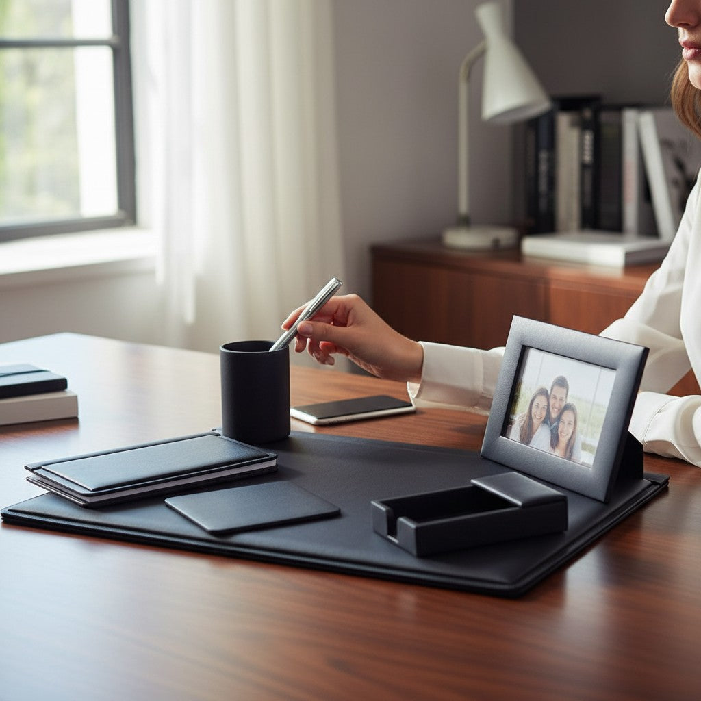 Regalos Ejecutivos Ortiz black leather 6-piece desk set including mouse pad, pen holder, photo frame, and notepad holder.