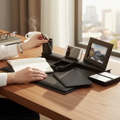 Regalos Ejecutivos Ortiz black leather 6-piece desk set including a mouse pad, pen holder, photo frame, and memo holder.