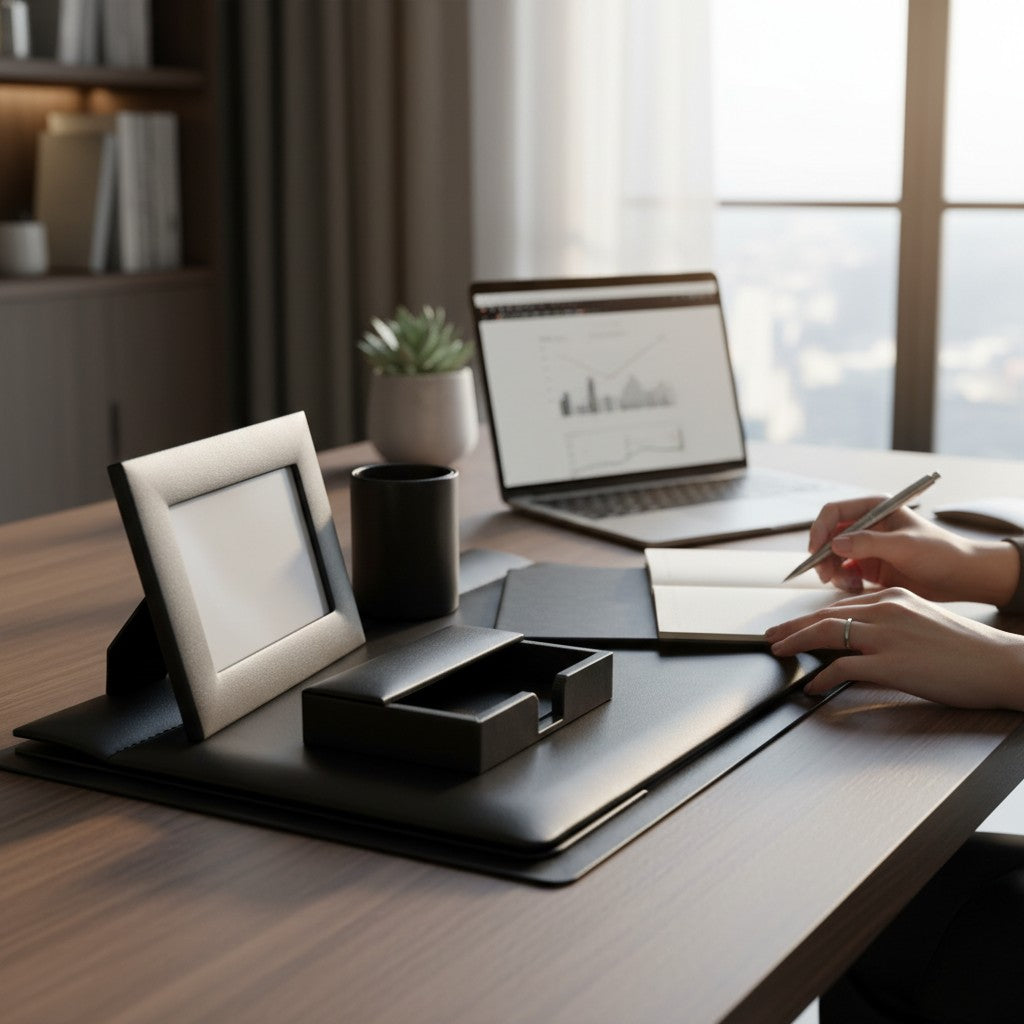 Regalos Ejecutivos Ortiz black leather desk set with photo frame, pen holder, business card holder, and desk pad.