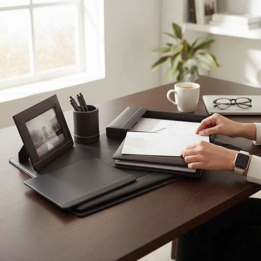 Regalos Ejecutivos Ortiz black leather 6-piece desk set with mouse pad, photo frame, pen cup, and letter tray.