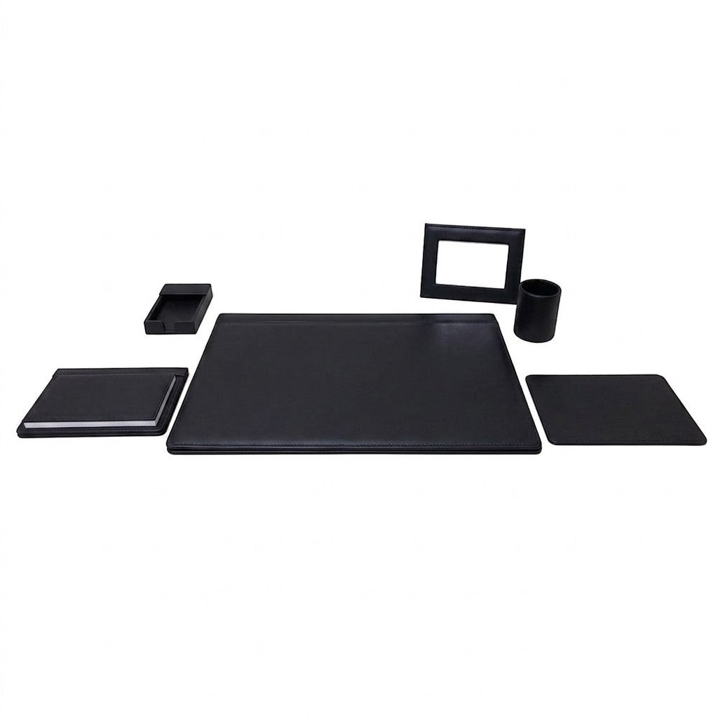 Regalos Ejecutivos Ortiz black leather 6-piece desk set including mouse pad, notepad holder, pen cup, photo frame, large mat, and notebook.