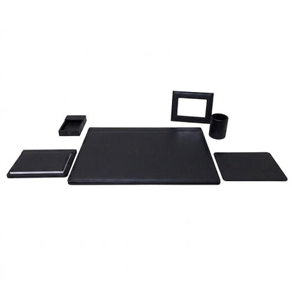 Regalos Ejecutivos Ortiz black leather 6-piece desk set including mouse pad, notepad holder, pen cup, photo frame, large mat, and notebook.