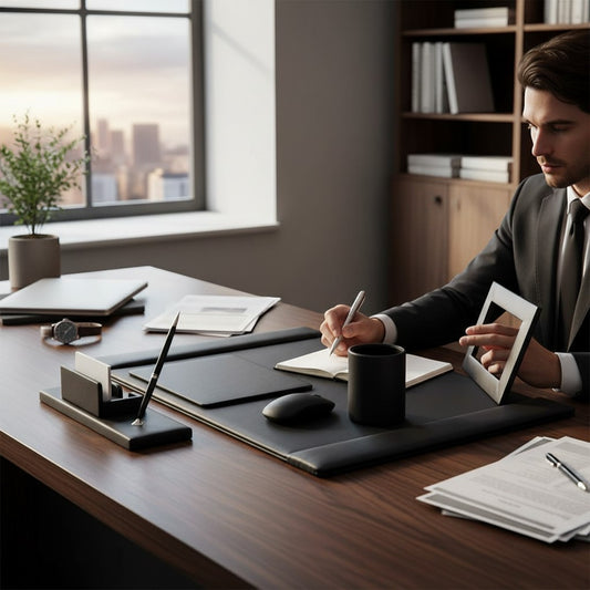 Regalos Ejecutivos Ortiz black leather 5-piece desk set with mousepad, pen holder, photo frame, and note holder.