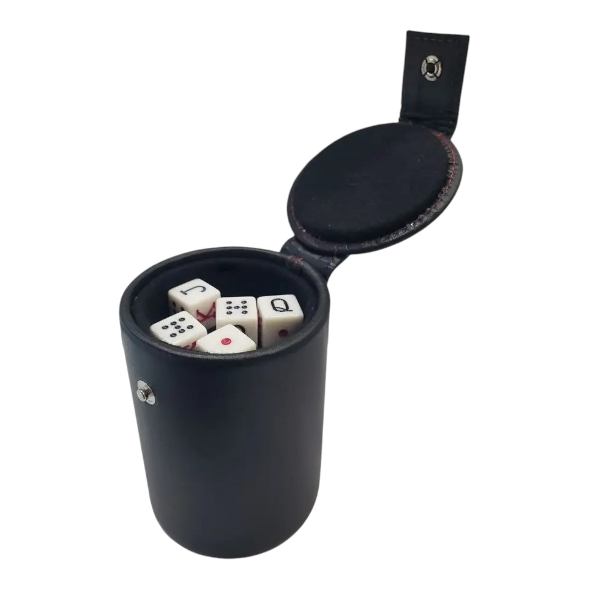 Regalos Ejecutivos Ortiz black leather dice cup with lid, containing white dice with red and black markings.