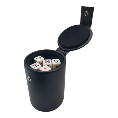 Regalos Ejecutivos Ortiz black leather dice cup with lid, containing white dice with red and black markings.
