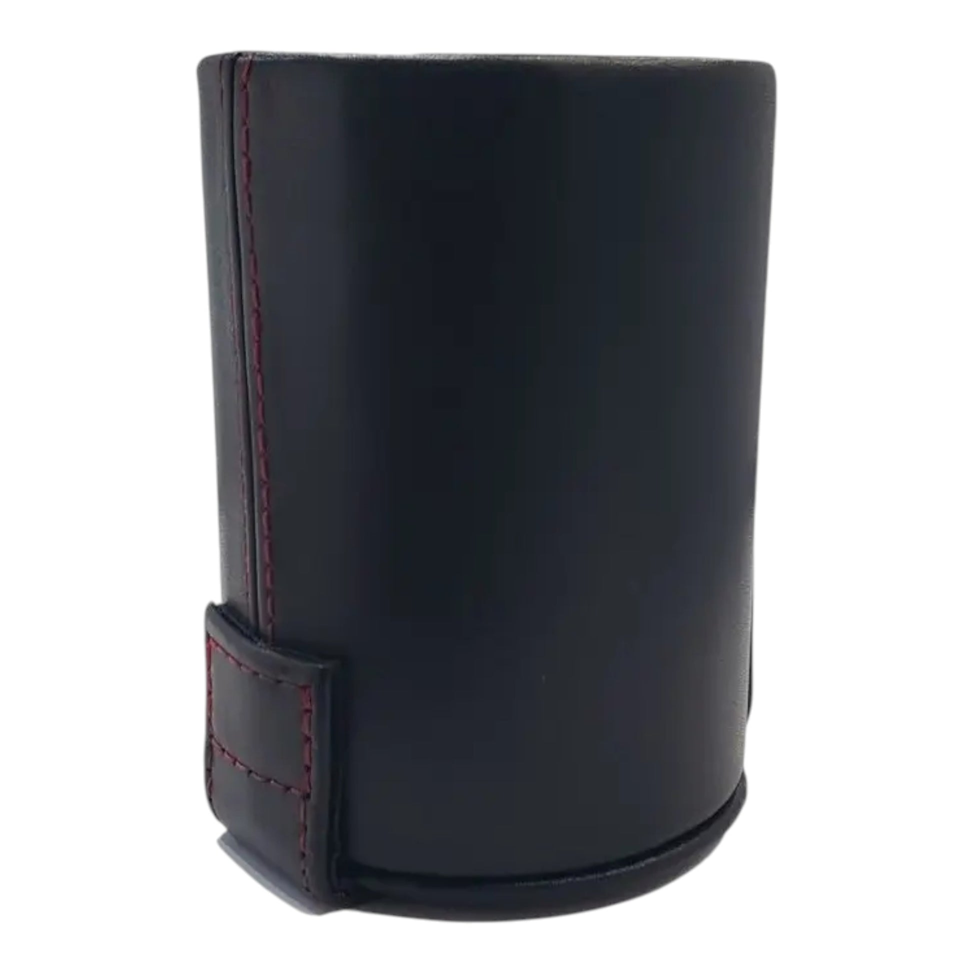 Regalos Ejecutivos Ortiz black leather dice cup with red stitching and a holder.