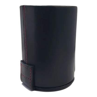Regalos Ejecutivos Ortiz black leather dice cup with red stitching and a holder.