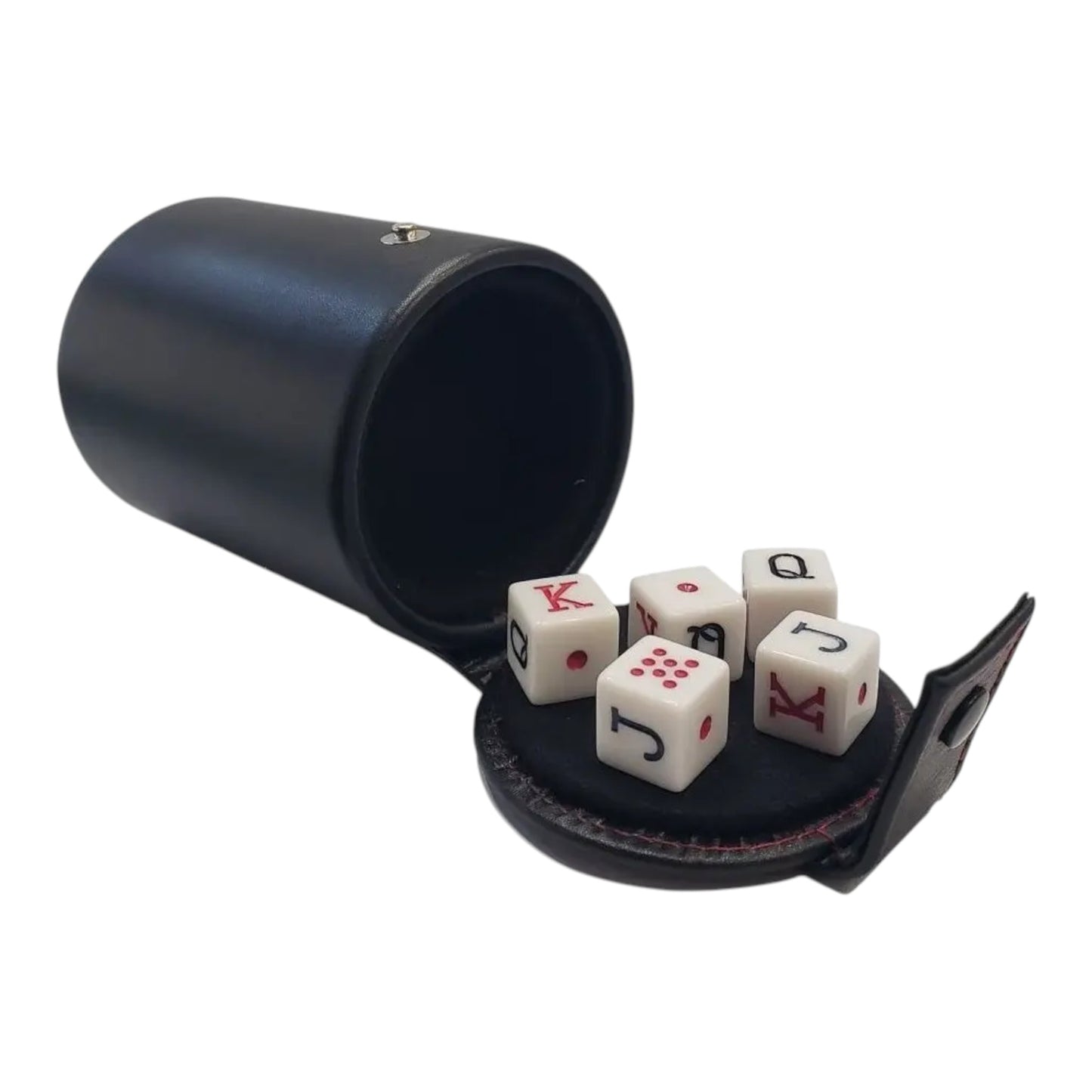 Regalos Ejecutivos Ortiz black leather dice cup with white dice featuring card suits and numbers.
