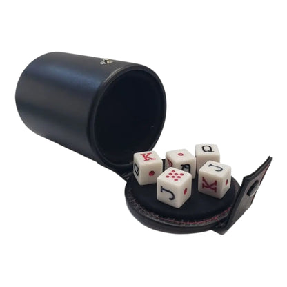 Regalos Ejecutivos Ortiz black leather dice cup with white dice featuring card suits and numbers.