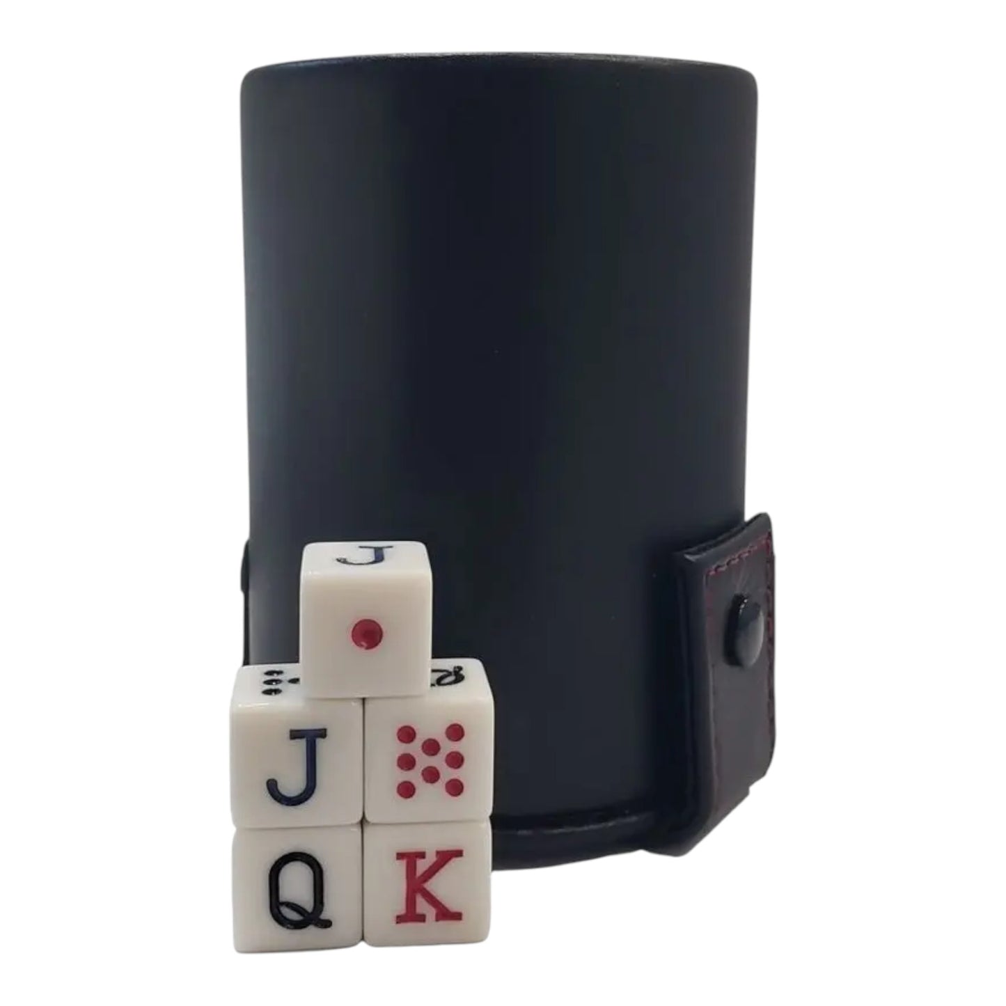 Regalos Ejecutivos Ortiz black leather dice cup with four white dice showing J, Q, K, and pips.