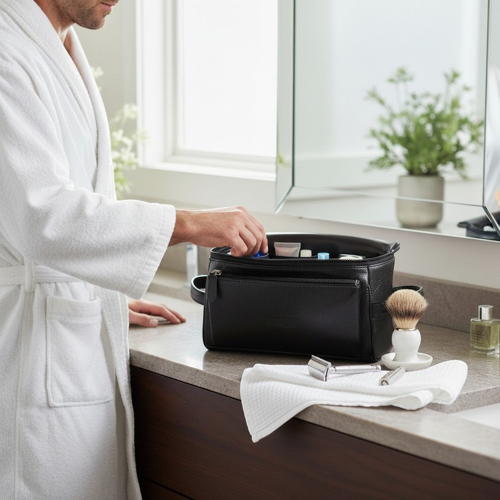 Regalos Ejecutivos Ortiz black pebbled leather dopp kit with front zipper pocket and main compartment. A woman's hand is placing a blue bottle inside.