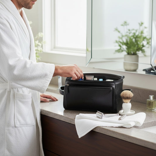 Regalos Ejecutivos Ortiz black pebbled leather dopp kit with front zipper pocket and main compartment. A woman's hand is placing a blue bottle inside.