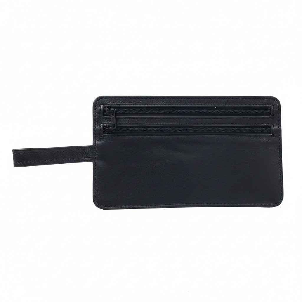 Regalos Ejecutivos Ortiz black leather hidden money belt with double zipper and wrist strap.