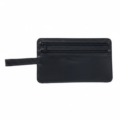 Regalos Ejecutivos Ortiz black leather hidden money belt with double zipper and wrist strap.