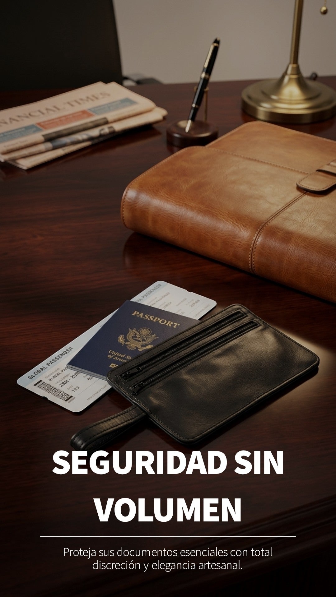 Regalos Ejecutivos Ortiz black leather hidden money belt with double zipper, passport and boarding pass. Measures 19 x 11.5 x 0.4 cm.
