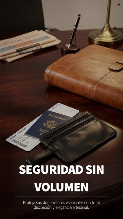 Regalos Ejecutivos Ortiz black leather hidden money belt with double zipper, passport and boarding pass. Measures 19 x 11.5 x 0.4 cm.