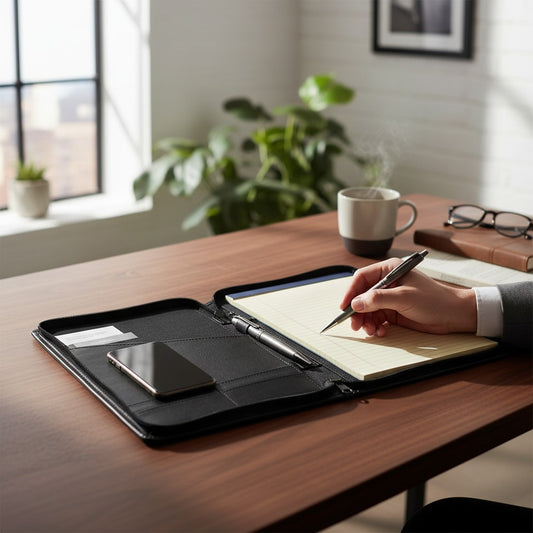 Regalos Ejecutivos Ortiz black genuine leather letter-size portfolio with zip closure, pen holder, card slots, and notepad.