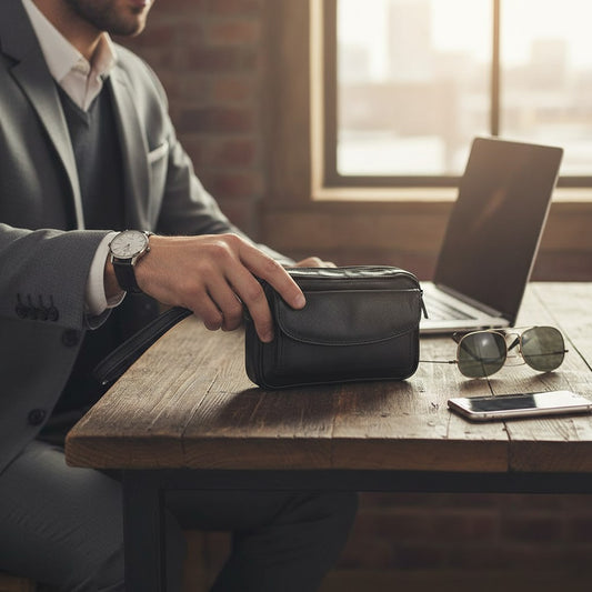 Regalos Ejecutivos Ortiz black leather men's wristlet pouch with zippered main compartment and front flap pocket.