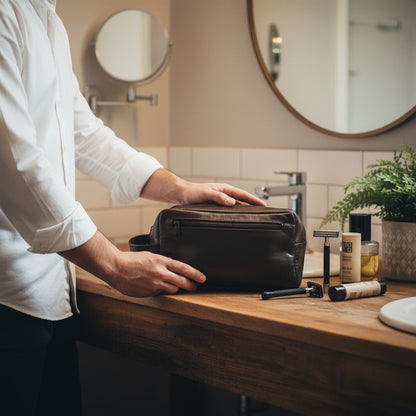 Regalos Ejecutivos Ortiz black leather travel toiletry bag with zippered front pocket and side handle.