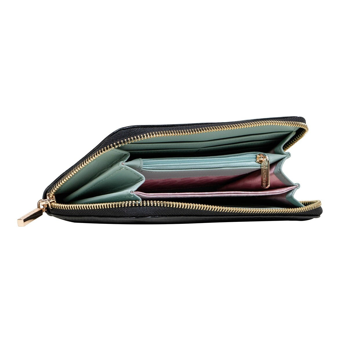 Regalos Ejecutivos Ortiz black leather zip-around wallet with mint green interior and multiple card slots.