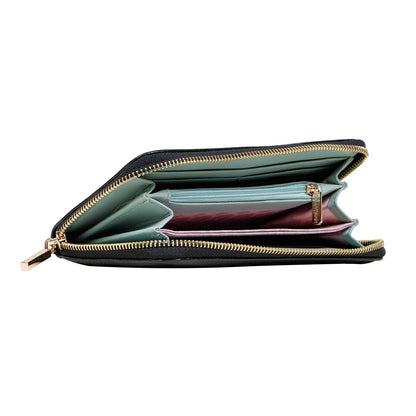 Regalos Ejecutivos Ortiz black leather zip-around wallet with mint green interior and multiple card slots.