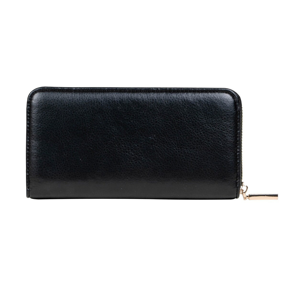 Regalos Ejecutivos Ortiz black leather zip-around wallet with gold hardware.