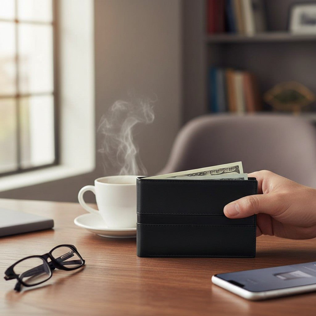 Regalos Ejecutivos Ortiz black leather bifold wallet with horizontal stripe detail. Features 10 card slots and double bill compartment.