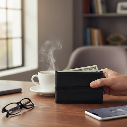 Regalos Ejecutivos Ortiz black leather bifold wallet with horizontal stripe detail. Features 10 card slots and double bill compartment.