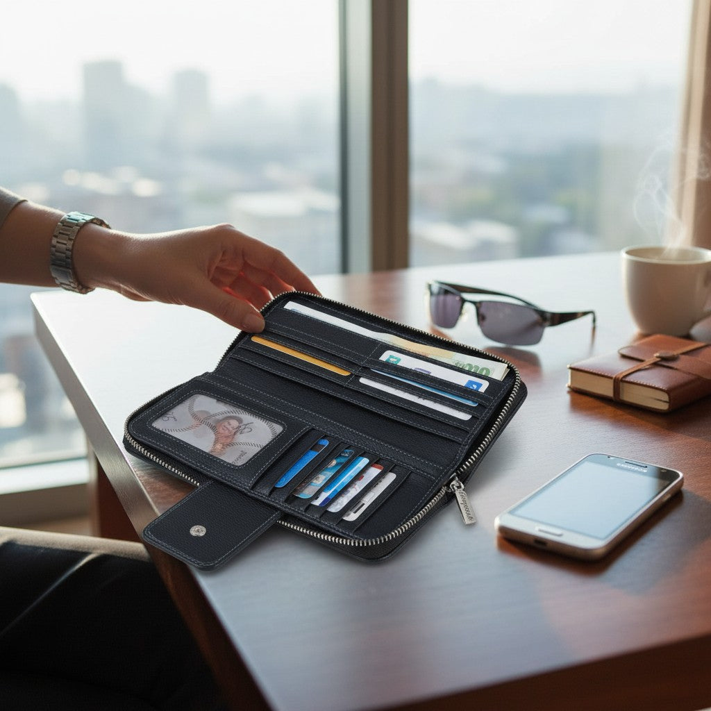 Regalos Ejecutivos Ortiz black genuine leather wallet with multiple card slots and a snap closure, shown with sunglasses and a smartphone.