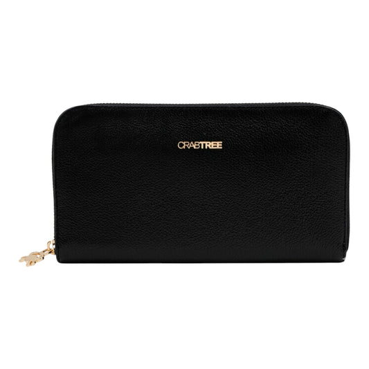 Regalos Ejecutivos Ortiz black pebbled leather zip-around wallet with gold Crabtree logo and charm.