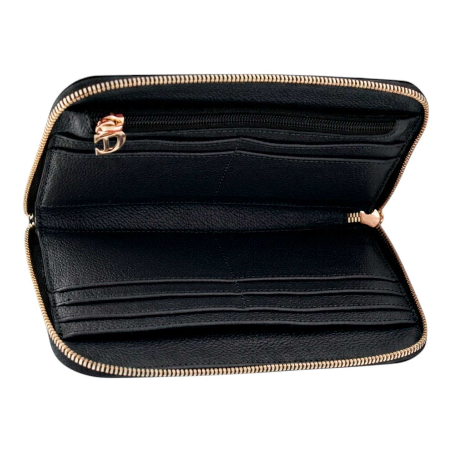 Regalos Ejecutivos Ortiz black leather zip-around wallet with gold hardware and multiple card slots.