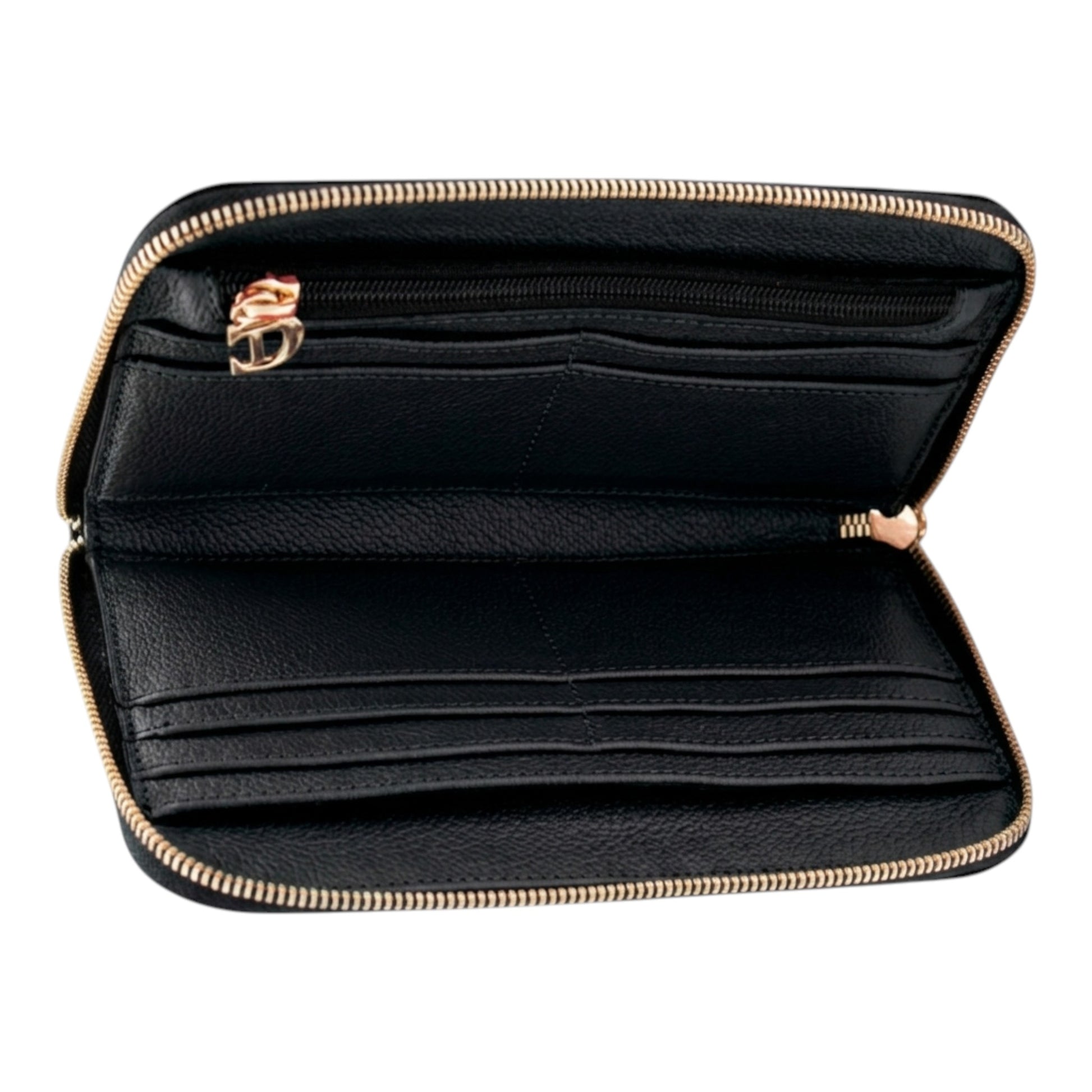 Regalos Ejecutivos Ortiz black leather zip-around wallet with gold hardware and multiple card slots.