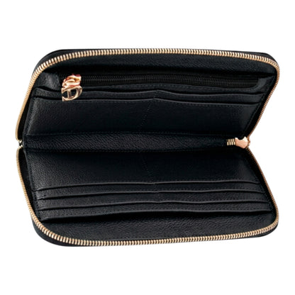 Regalos Ejecutivos Ortiz black leather zip-around wallet with gold hardware and multiple card slots.