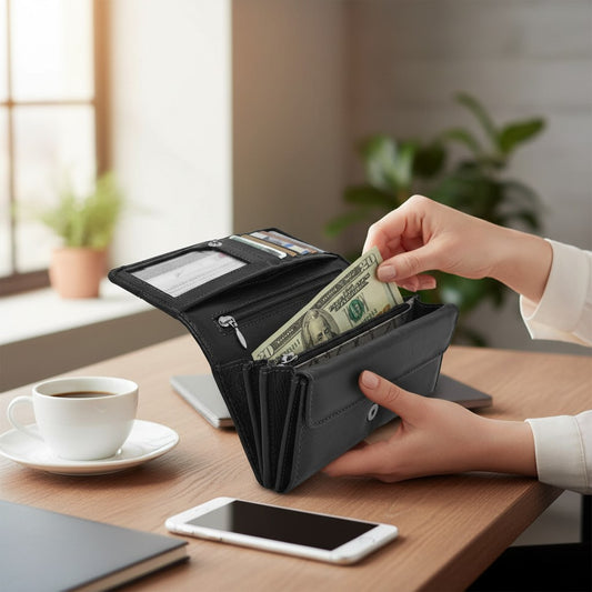 Regalos Ejecutivos Ortiz black leather classic clasp wallet with multiple card slots and zipper pocket.