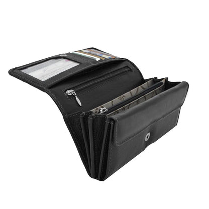Regalos Ejecutivos Ortiz black leather classic wallet with snap closure, multiple compartments, and card slots.