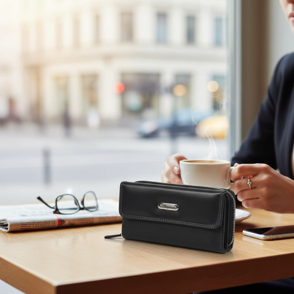 Regalos Ejecutivos Ortiz black leather small wallet with zip closure and elegant design.