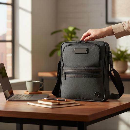 Regalos Ejecutivos Ortiz black water-repellent messenger bag with adjustable strap and multiple compartments.