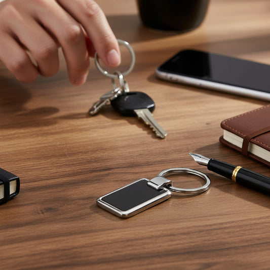 Regalos Ejecutivos Ortiz black metal rectangular keychain with silver trim and keyring, suitable for engraving.