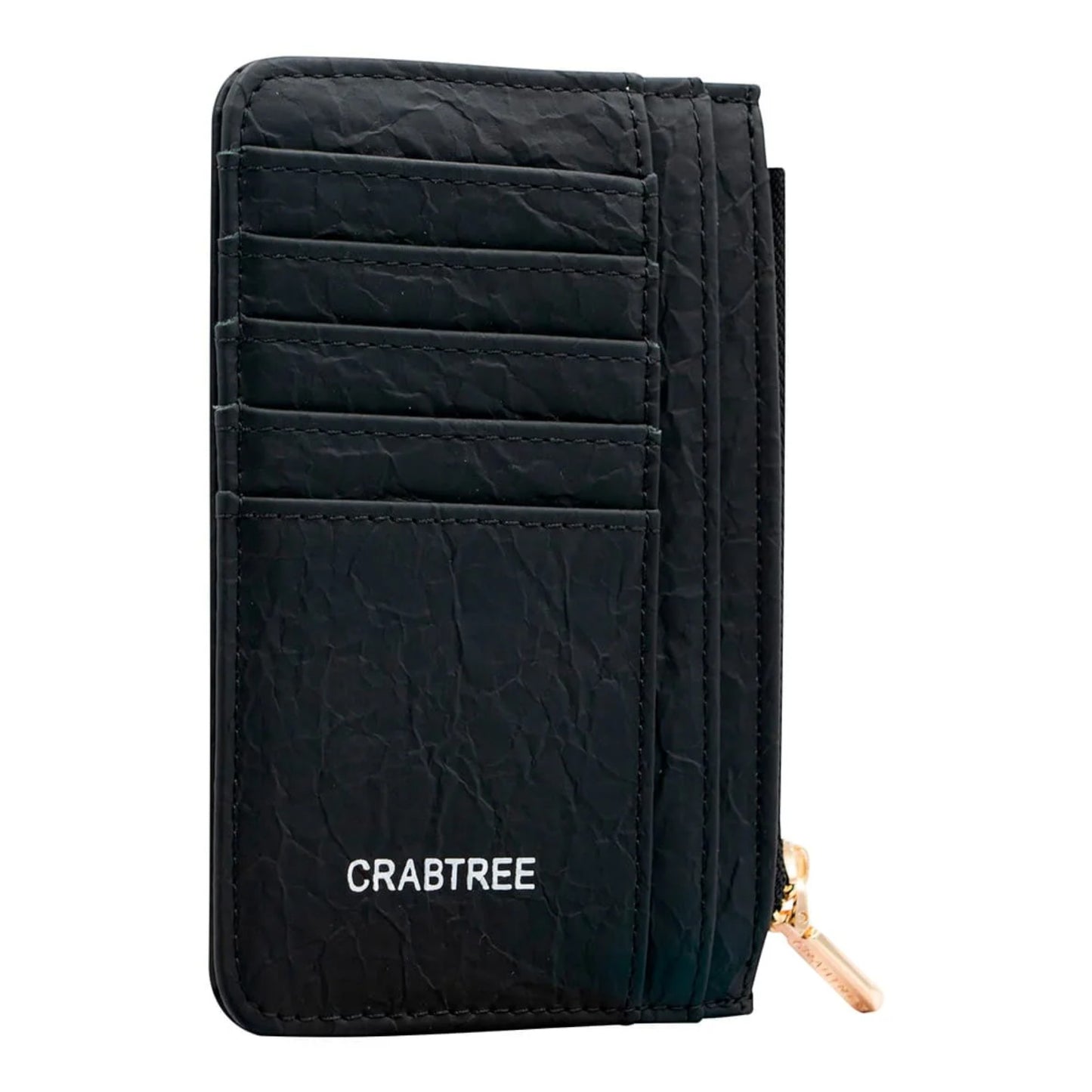 Regalos Ejecutivos Ortiz black synthetic cardholder with multiple card slots and a gold zipper.