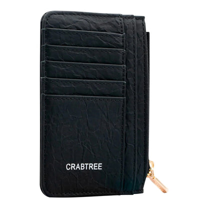 Regalos Ejecutivos Ortiz black synthetic cardholder with multiple card slots and a gold zipper.