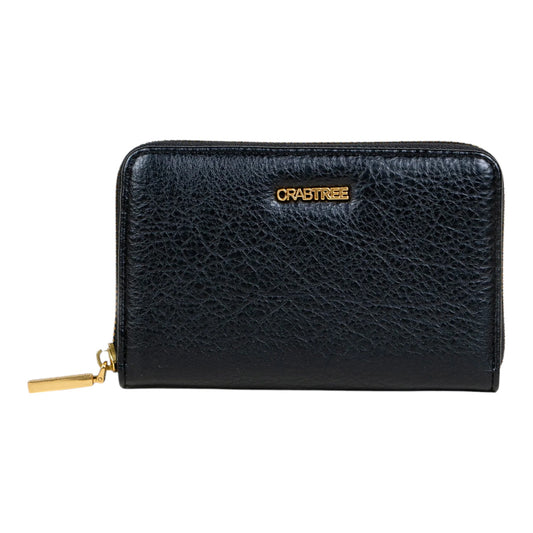 Regalos Ejecutivos Ortiz black textured synthetic leather wallet with gold Crabtree logo and zip closure.