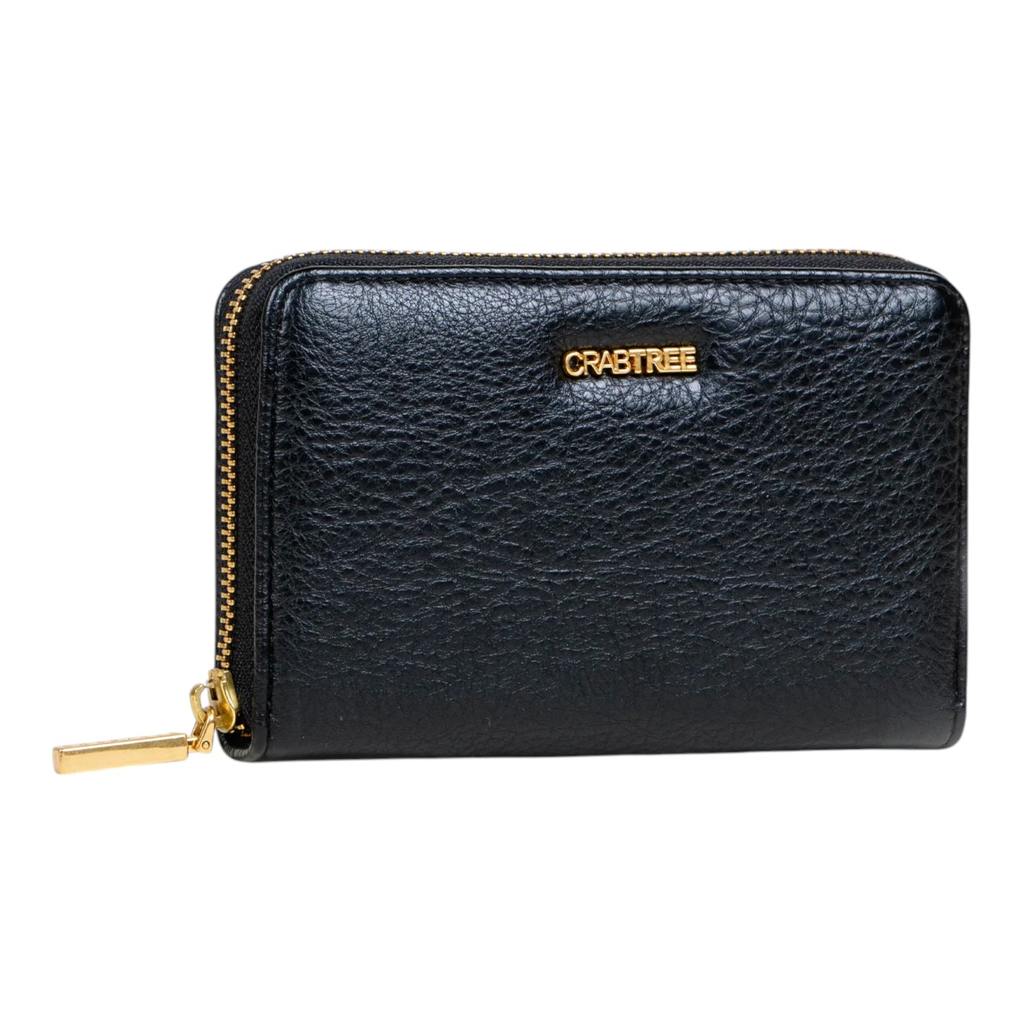 Regalos Ejecutivos Ortiz black textured synthetic leather wallet with gold Crabtree logo and zip closure.