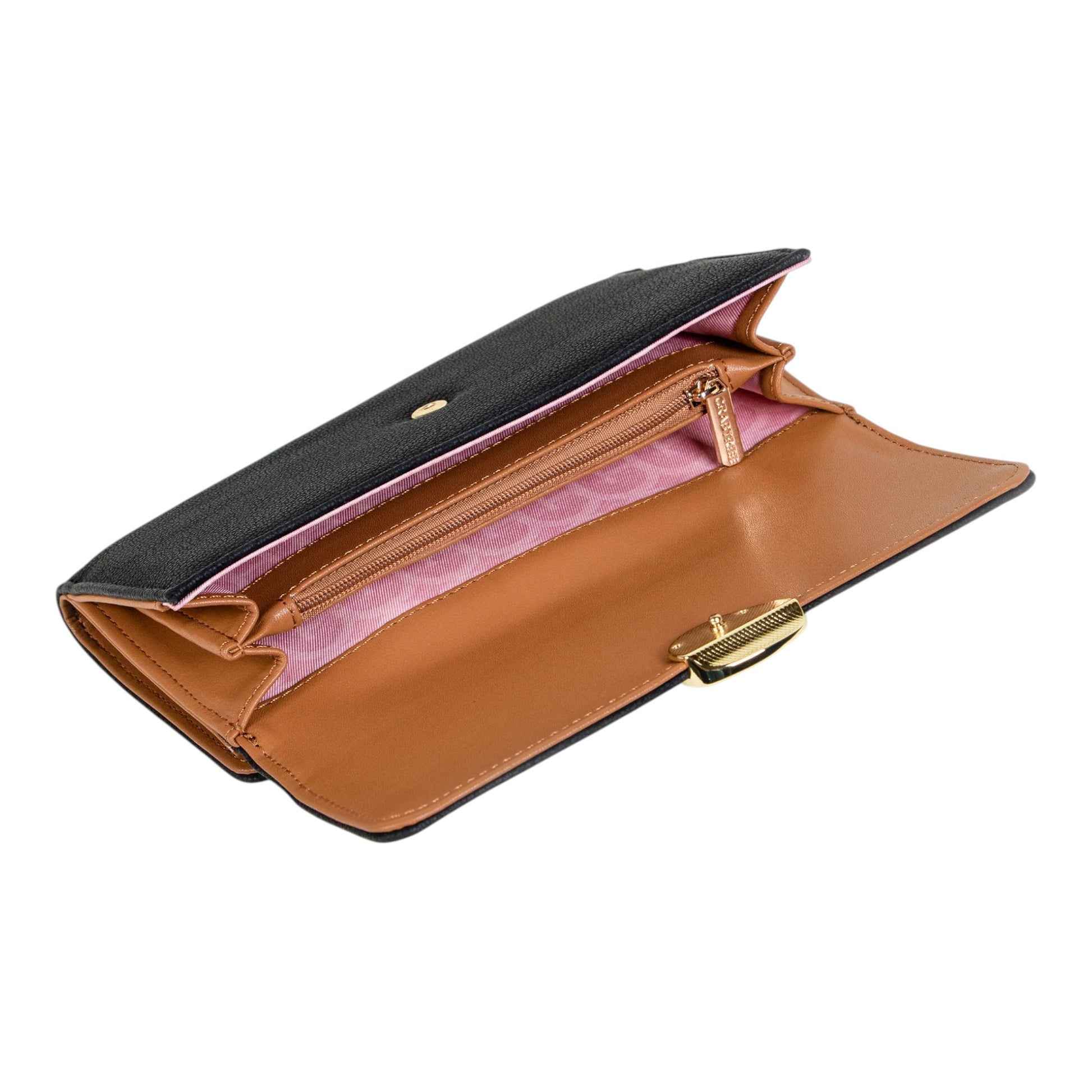 Regalos Ejecutivos Ortiz black textured synthetic wallet with tan interior and gold clasp closure.