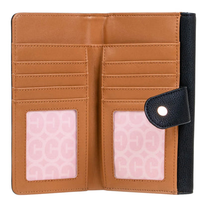 Regalos Ejecutivos Ortiz black textured synthetic leather wallet with tan interior, gold organic clasp, and pink patterned card slots.