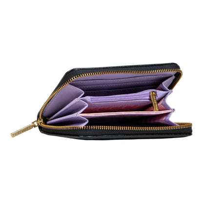 Regalos Ejecutivos Ortiz black textured synthetic wallet with gold zipper and lavender interior.